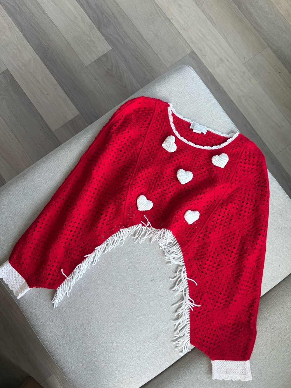 House of Harlow 1960 Crochet Red Heart Accent Fringed Women’s Sweater